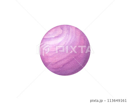 Kid purple Ball. Wooden toy for child games. Wood striped Sphere. Circle shape. Watercolor illustration isolated on white background. Design Template for poster, sticker, print 113649161
