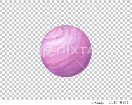 Kid purple Ball. Wooden toy for child games. Wood striped Sphere. Circle shape. Watercolor illustration isolated on white background. Design Template for poster, sticker, print 113649161