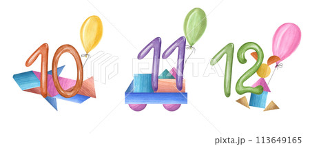 Numbers from 10 to 12 with kid wood toys and colors balloons. Wooden train, car, animal decorated balloon and number. Watercolor illustration for design of children party Numbers from 10 to 12 with kid wood toys and colors balloons. Wooden train, car, animal decorated balloon and number. Watercolor illustration for design of children party 113649165