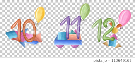Numbers from 10 to 12 with kid wood toys and colors balloons. Wooden train, car, animal decorated balloon and number. Watercolor illustration for design of children party 113649165