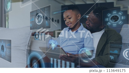 Image of diverse data over happy african american father and son having fun at home Image of diverse data over happy african american father and son having fun at home 113649175
