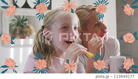 Image of flowers over happy caucasian mother and daughter brushing teeth Image of flowers over happy caucasian mother and daughter brushing teeth 113649177