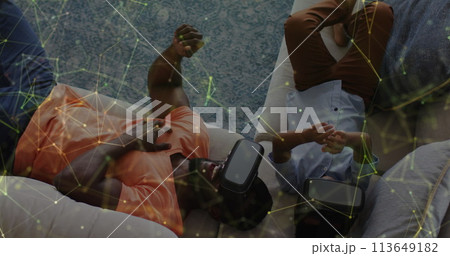 Image of constellations over happy african american father wearing vr headset Image of constellations over happy african american father wearing vr headset 113649182