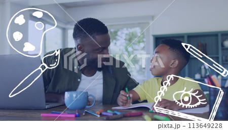 Image of painting icons over happy african american father and son doing homework Image of painting icons over happy african american father and son doing homework 113649228