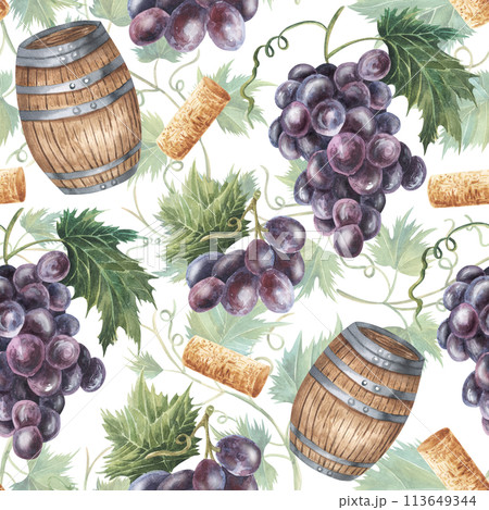 Seamless pattern with grapes, green leaves, grape vines, barrel, red , wine corks. Hand drawn watercolor illustration. Isolated on white background. For fabric, textile, paper 113649344
