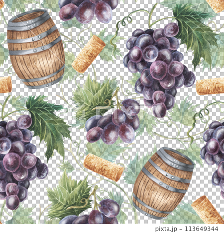 Seamless pattern with grapes, green leaves, grape vines, barrel, red , wine corks. Hand drawn watercolor illustration. Isolated on white background. For fabric, textile, paper 113649344