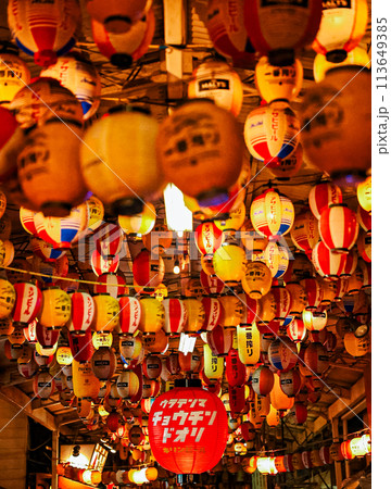 夜の街に浮かび上がる提灯 113649385