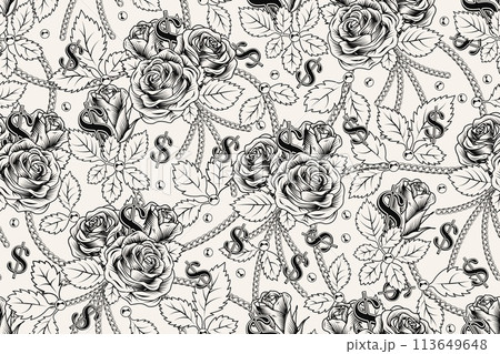 Black and white pattern with roses, dollar sign 113649648
