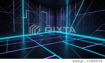 Room with blue ultraviolet neon lighting. Generative AI Room with blue ultraviolet neon lighting. Generative AI 113649738