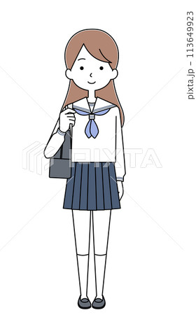 スクールバッグを肩にかけた女子高生のイラスト（セーラー服・夏） 113649923