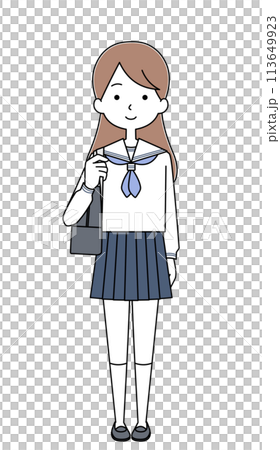 スクールバッグを肩にかけた女子高生のイラスト（セーラー服・夏） 113649923