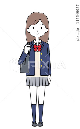 スクールバッグを肩にかけた女子高生のイラスト（リボン・ブレザー） 113649927