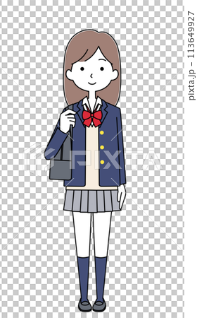 スクールバッグを肩にかけた女子高生のイラスト（リボン・ブレザー） 113649927