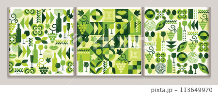 White wine theme seamless patterns with icons 113649970