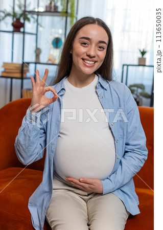 Happy pregnant woman stroking big belly with love and showing ok sign sitting on home sofa Happy pregnant woman stroking big belly with love and showing ok sign sitting on home sofa 113650035