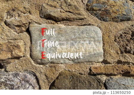 FTE Full time equivalent symbol. Concept words FTE Full time equivalent on beautiful big stone in stone wall. Beautiful stone wall background. Business and FTE Full time equivalent concept. Copy space 113650250
