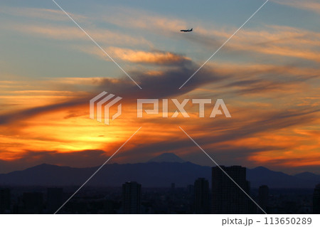 Sunset behind Mt. Fuji as seen from Minato-ku in central Tokyo Japan 113650289