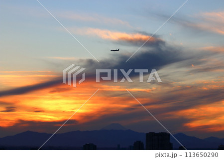 Sunset behind Mt. Fuji as seen from Minato-ku in central Tokyo Japan 113650290