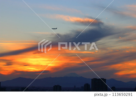 Sunset behind Mt. Fuji as seen from Minato-ku in central Tokyo Japan 113650291