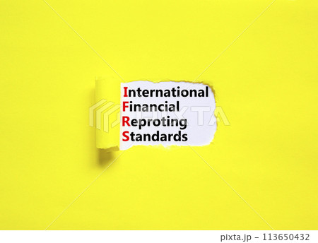IFRS symbol. Concept words IFRS international financial reporting standards on white paper on beautiful yellow background. Business IFRS international financial reporting standards concept. Copy space IFRS symbol. Concept words IFRS international financial reporting standards on white paper on beautiful yellow background. Business IFRS international financial reporting standards concept. Copy space 113650432