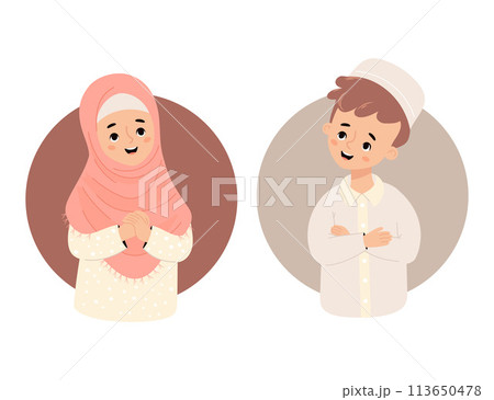 Cute Islamic children. Happy Muslim boy and girl in hijab. Isolated ethnic child character. Vector illustration in cartoon flat style 113650478