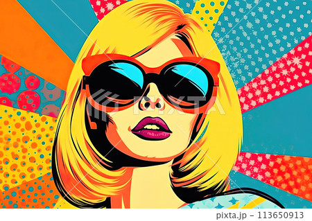 Fashionable Blonde Woman in Colorful Banner - Generative AI 113650913