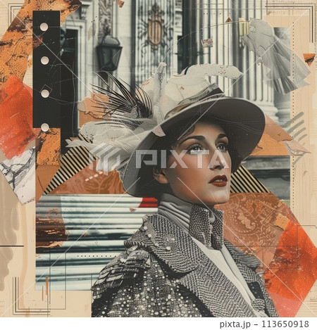 A woman is donning a feathered hat, showcasing a unique fashion design 113650918
