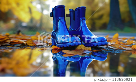 Rainy Season Vibes: Rubber Boots and Puddle - Generative AI 113650921