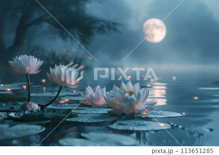 Buddha Purnima concept - lotus flowers blooming in a pond, with a full moon reflected in the water 113651285