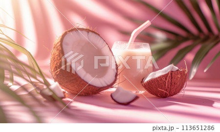 Paradise pink background with coconuts and palm branches Paradise pink background with coconuts and palm branches 113651286