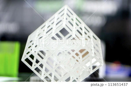 3D printed object from resin polymerization. Parts created on 3D printer from hardened resin. Details printed on 3D printer using SLA printing technology. New modern additive 3D printing technologies 113651437