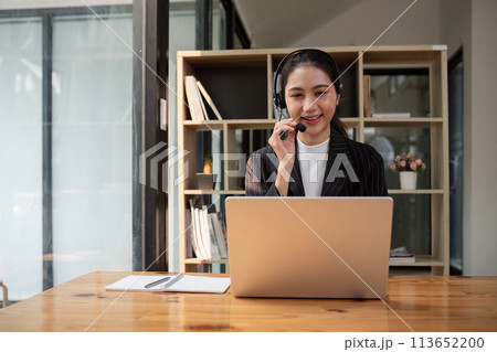 Call center friendly woman asian in office for customer service, technical support and advice, contact and communication with employee operator in help desk agency 113652200