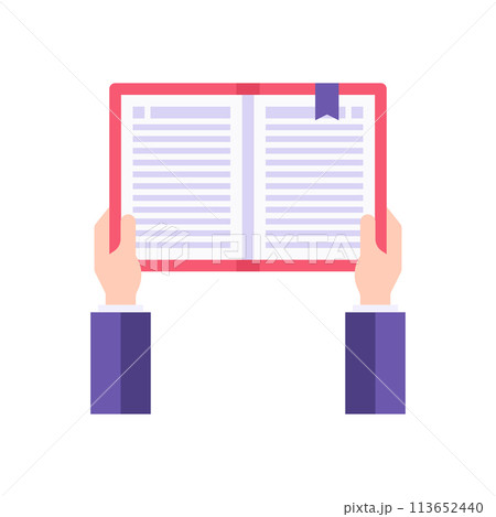Male business hand holding paper notepad, diary or reading book with bookmark vector illustration 113652440