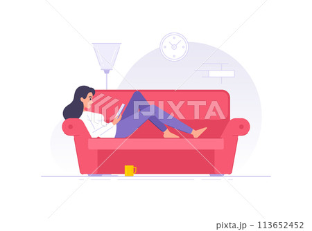 Cartoon woman character reading book on sofa at home flat vector illustration 113652452