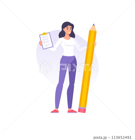 Happy successful woman holding clipboard to do list with completed tasks checkmark and pencil Happy successful woman holding clipboard to do list with completed tasks checkmark and pencil 113652491