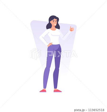 Happy casual brunette woman standing with cool gesture thumbs up vector flat illustration Happy casual brunette woman standing with cool gesture thumbs up vector flat illustration 113652518