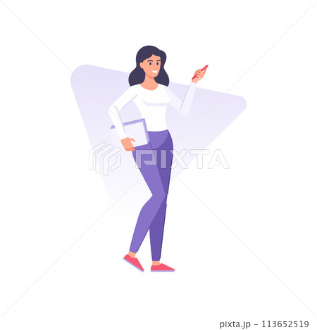 Happy woman carrying stack of paper documents and pen for making notes contract signature vector Happy woman carrying stack of paper documents and pen for making notes contract signature vector 113652519