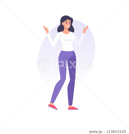 Funny modern casual puzzlement female gesture don't know not sure with raising hands vector flat Funny modern casual puzzlement female gesture don't know not sure with raising hands vector flat 113652520