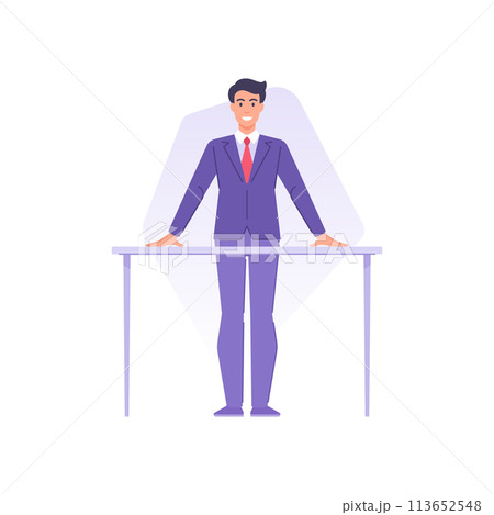 Smiling stylish politician in suit tie standing behind tribune ready public speech agitation vector Smiling stylish politician in suit tie standing behind tribune ready public speech agitation vector 113652548