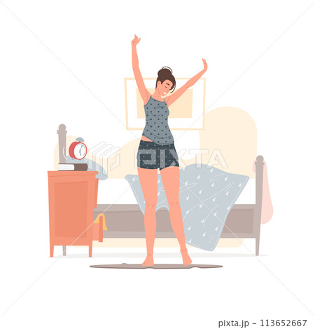 Happy young woman waking up in morning Happy young woman waking up in morning 113652667