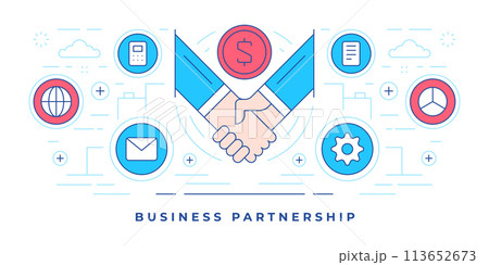 Vector illustration of line flat banner of icons around handshake symbol for business partnership and social media Vector illustration of line flat banner of icons around handshake symbol for business partnership and social media 113652673