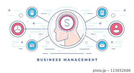 Vector illustration of flat line banner with icons human profile and money symbol for website business management s 113652686