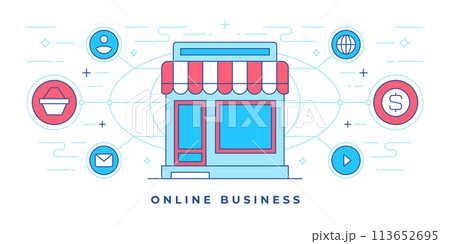 Vector illustration of flat line banner with icons around shop building for online business promotion in social media 113652695