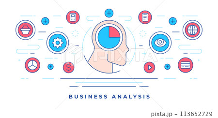 Vector illustration of flat line banner with human profile and icons for website promoting business analysis services Vector illustration of flat line banner with human profile and icons for website promoting business analysis services 113652729