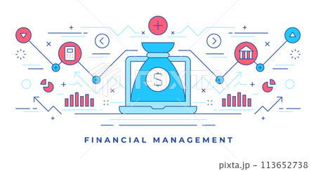 Vector illustration of flat line banner with money bag on laptop and icons for financial management promotion on website Vector illustration of flat line banner with money bag on laptop and icons for financial management promotion on website 113652738