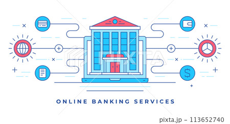 Vector illustration of line flat banner with building on smartphone and icons for website online banking services Vector illustration of line flat banner with building on smartphone and icons for website online banking services 113652740