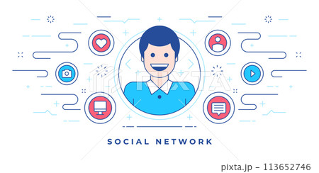Flat line banner design with happy man and icons created for modern website with social network marketing campaign Flat line banner design with happy man and icons created for modern website with social network marketing campaign 113652746