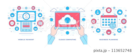 Set of vector illustrations flat line banners with colorful graphic icons for digital solutions and successful business Set of vector illustrations flat line banners with colorful graphic icons for digital solutions and successful business 113652748