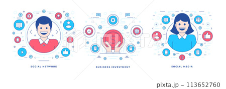 Set of vector illustrations flat line banners with icons for business investment marketing in social media network 113652760