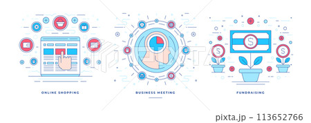 Set of vector illustrations flat linear banners with icons for online commerce and communication services promotion 113652766